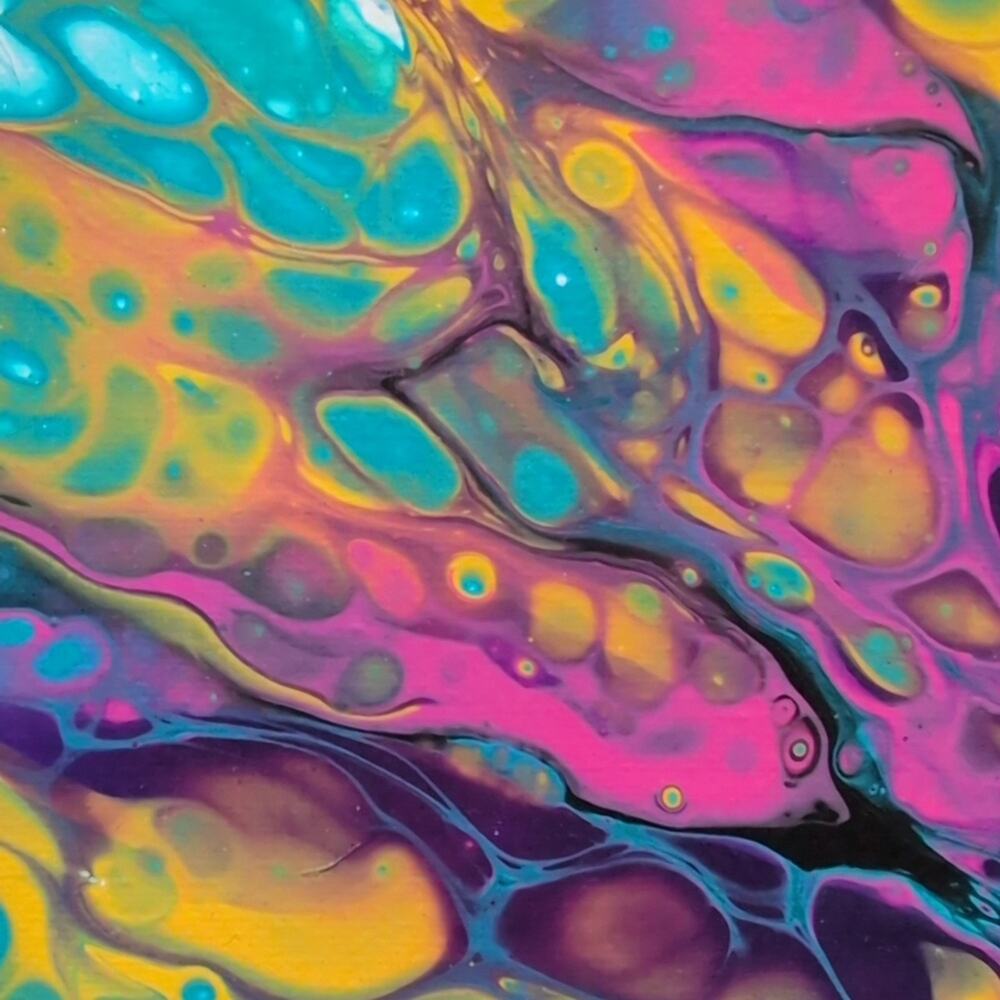 Handmade Acrylic Fluid Art Painting Teal Yellow Magenta Stretched Canvas 10"×10" - Picture 2 of 7